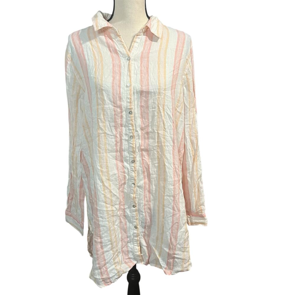 Antibes Blanc NEW Women's 100% Linen Stripe Roll Tab Tunic Blouse Sz L Beachy